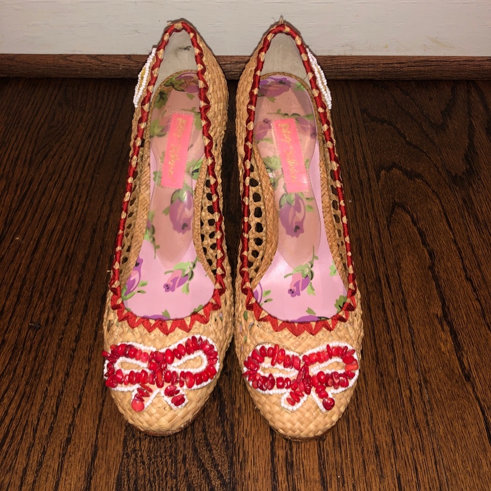 Betsey Johnson Beaded Straw Heels